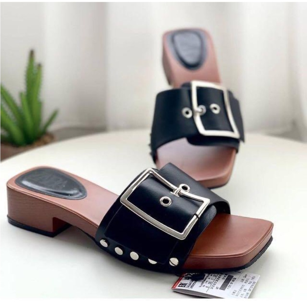 Zara Wooden Square Toe Buckled Slides